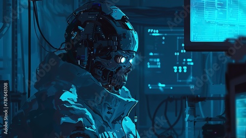 Cybernetic human with glowing eyes in lab, over-the-shoulder view, dimly lit, cold blue hues.