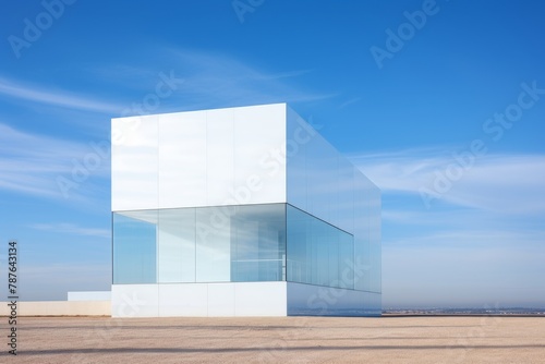 A minimalist cube-shaped art gallery standing alone in an open field  with a clear blue sky as the backdrop  reflecting modern architectural design