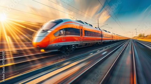High-speed train zooming through countryside, side view, golden sunset lighting, sleek design. 