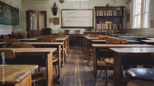 A view of an empty classroom with wooden desks and chairs, and a whiteboard displaying a literature quote.