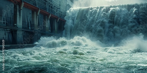 Hydroelectric dam from river level  rushing water  wide shot  cool tones  powerful energy flow. 