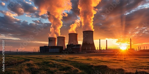 Coal-fired power station, smokestacks at sunset, contrast of natural beauty and industrial power. 
