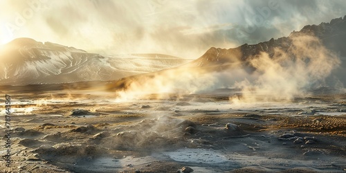Geothermal energy plant in volcanic area, steam vents, rugged terrain, early morning light.