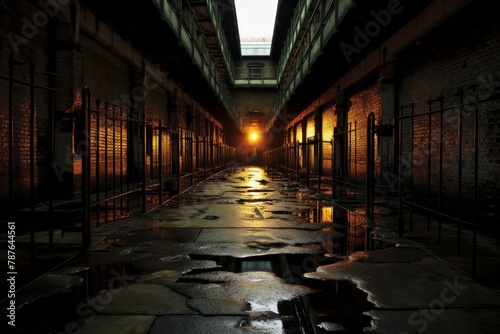 A hauntingly realistic depiction of a deserted prison cellblock at dusk, with the setting sun casting long shadows and an eerie silence prevailing photo