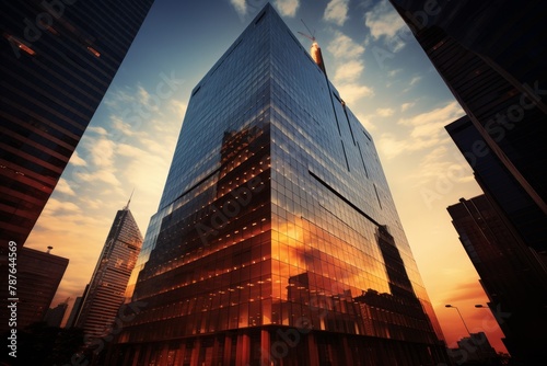 A Burnt Orange Radiant Office Building Reflecting the Setting Sun  Surrounded by a Bustling Cityscape and Towering Skyscrapers