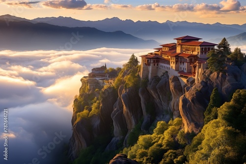 A Serene Dawn at the Ancient Mountain-Top Monastery Overlooking a Breathtaking Valley with Misty Peaks in the Distance #787644721