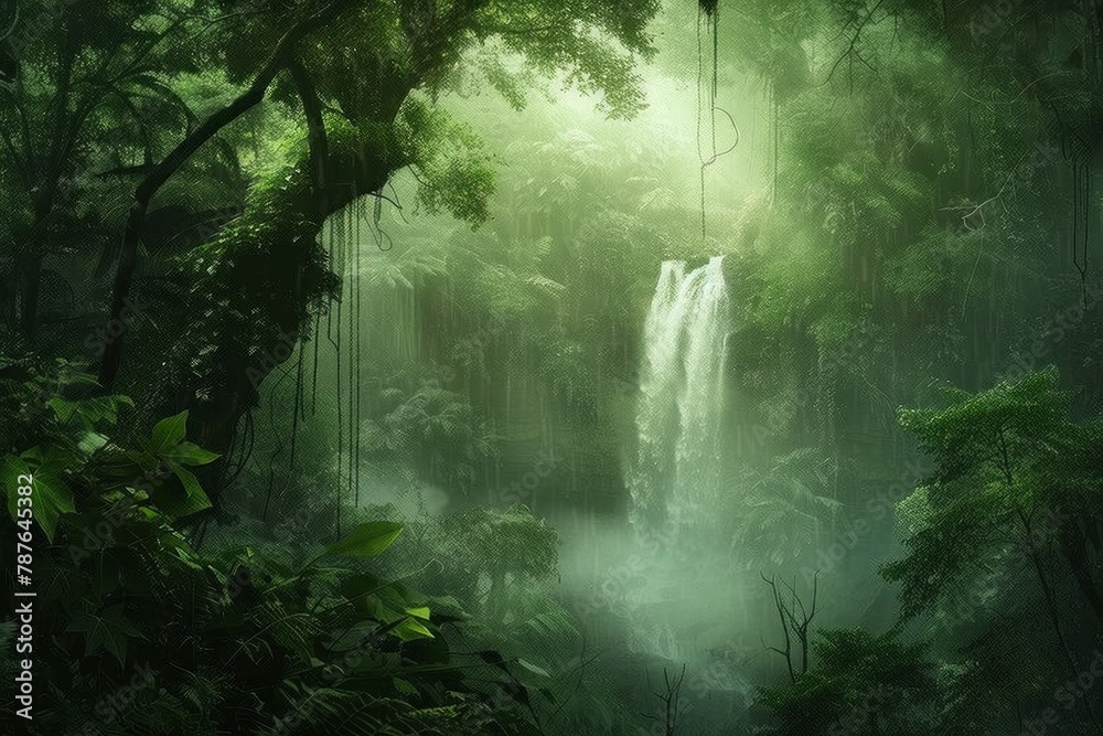 Hyper-realistic rendering of a misty forest with a hidden waterfall, evoking mystery and serenity.