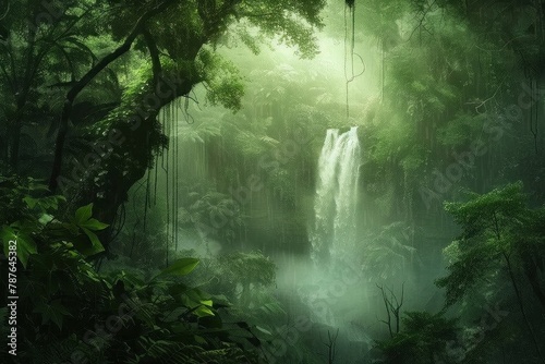 Hyper-realistic rendering of a misty forest with a hidden waterfall, evoking mystery and serenity.