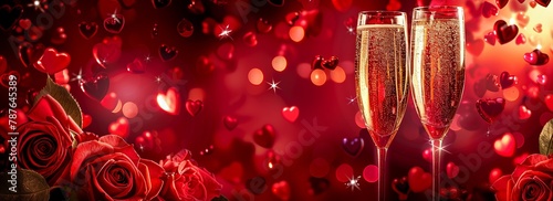Cheers to Love - Valentine's Day Champagne Toast and Roses, Illuminated by Bokeh Lights. Made with Generative AI Technology (ID: 787645389)