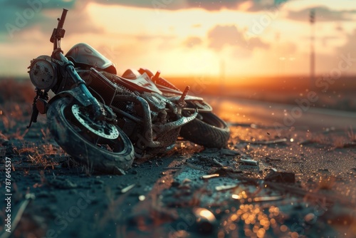 Crashed motorcycle lying on a wet road with debris around. Motorcycle accident on highway. Abandoned motorcycle on a dusty road during sunset. photo