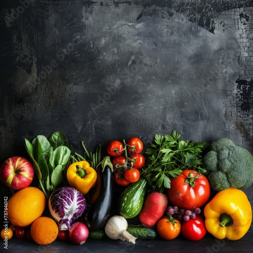 fruits and vegetables on wooden background