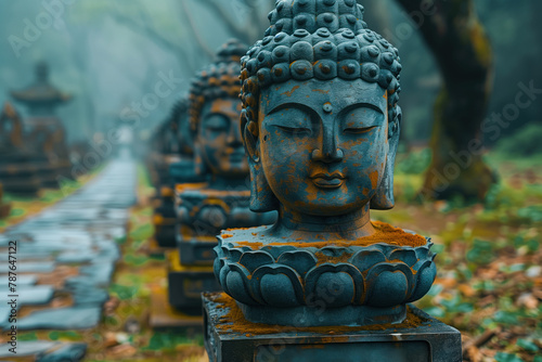 Buddha statues close up, along receding road in temple, strewn with yellow autumn leaves. Buddha's face. Buddhism concept