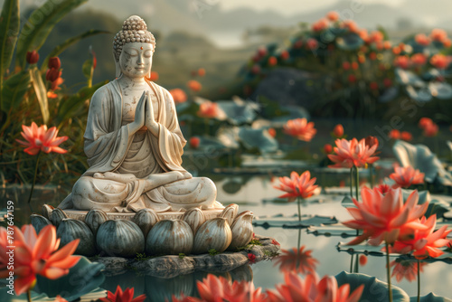 Buddha meditation in lotus position. Buddha statue on river with blooming pink lotuses  natural landscape. Template for design  place for text. Buddhism concept