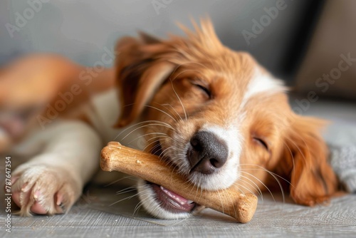 Joyful puppy with chew stick eating yak milk cheese bone promoting health photo