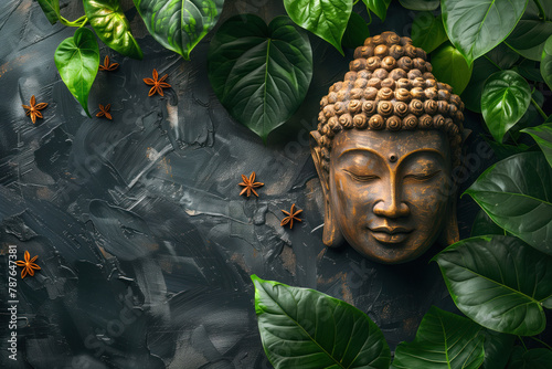 Buddha, green leaves and star anise on dark textured background with space for text. Mockup, top view, flat lay. Buddha's Birthday Holiday. Template for design. Buddhism concept