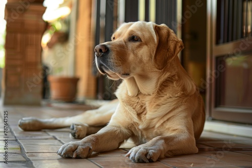 Labrador with bone waits at home