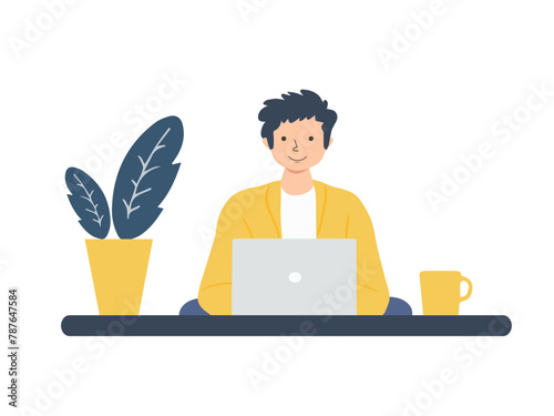 A young man is sitting with a laptop. Computer work. Freelancing, online education or social networking concept. Vector illustration isolated on white