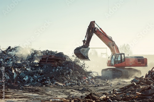Large crane deposits scrap on pile with visible dust and available copy space