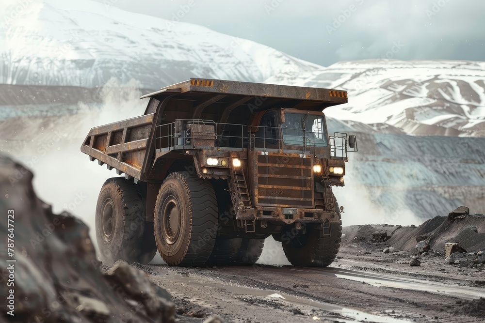 Large mining truck driving through open mine