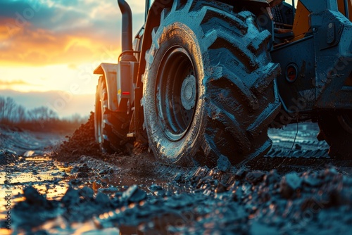 Large rubber wheels on earthmoving tractor at road construction site close up of dirty loader wheel with sunset sky background