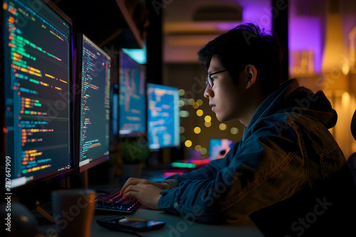 Dedicated programmer working late at night on multiple computer screens with code displayed photo