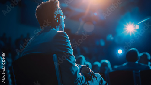 A man sits in the audience, attentively observing an event in a hall illuminated by stage lights
