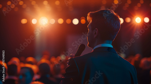 A well-dressed man confidently addresses an audience from a podium, embodying leadership and communication