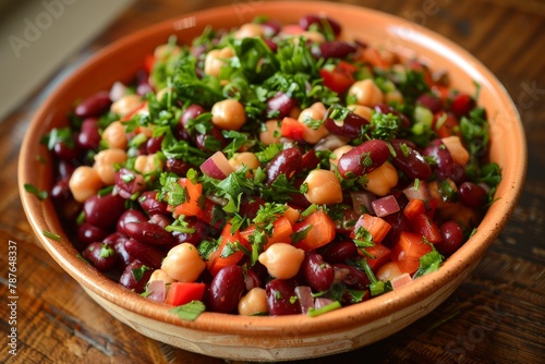 Legume salad with chickpeas kidney beans raw veggies herbs and spices soaked overnight