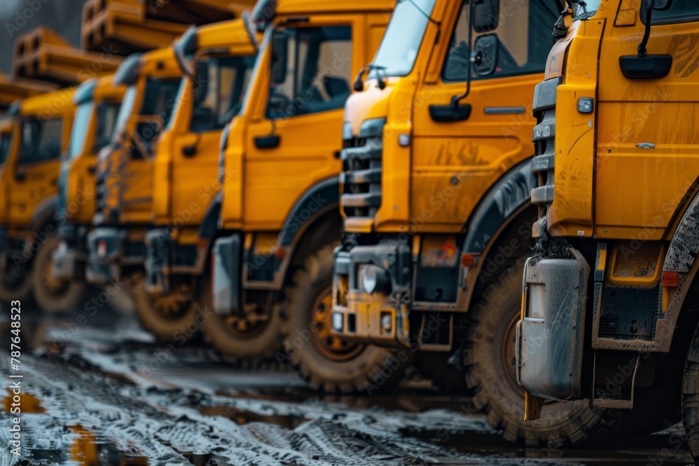 Line of yellow dump trucks