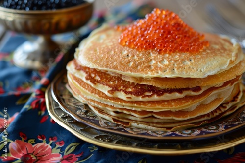 Maslenitsa celebration with pancakes and caviar photo