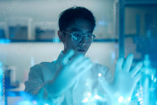 A scientist in a lab coat stands amidst scientific equipment, conducting an experiment that could lead to a breakthrough