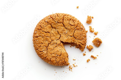 One ginger biscuit with missing bite and crumbs isolated on white from above