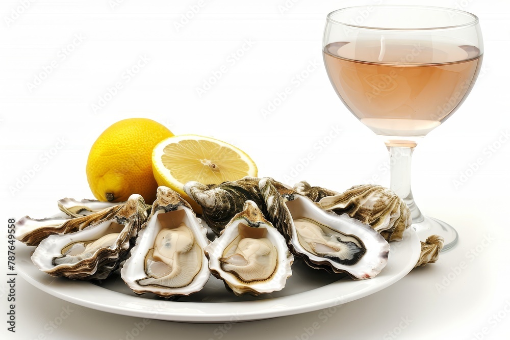 Oysters with lemon and wine on white plate on wooden table isolated on white