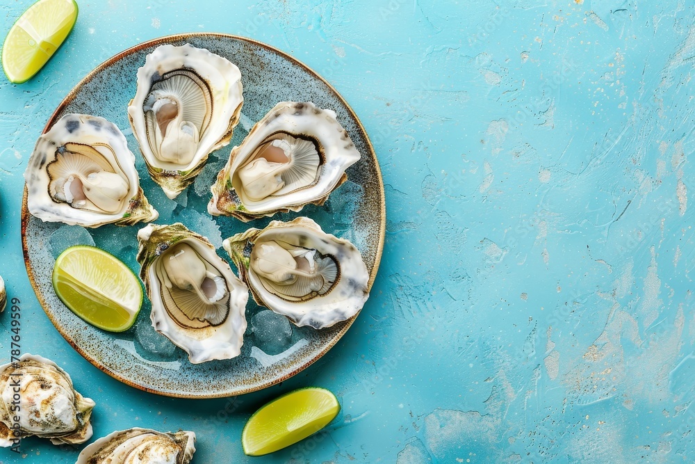 Oysters with lime on a plate seafood dish on blue background top view empty space Oysters with lime on a plate seafood dish on blue background top view empty space