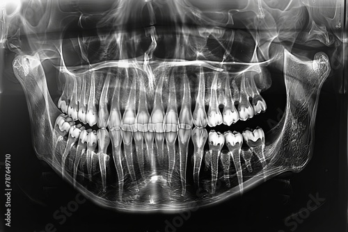 Panoramic x ray reveals multiple impacted teeth in upper and lower jaw photo