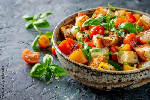 Panzanella Tomato Salad with cherry tomatoes basil and ciabatta croutons Healthy summer food panzanella salad with copy space