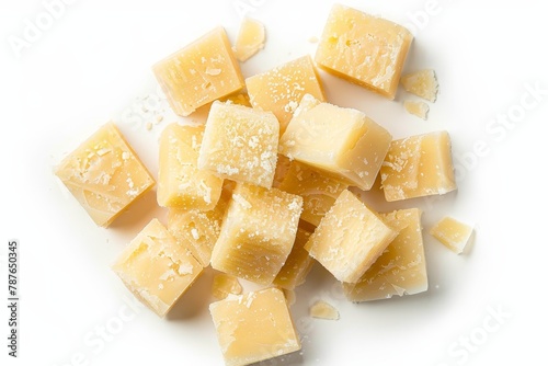 Parmesan cubes on white background top view