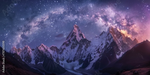 A beautiful mountain range with snow-capped peaks and a clear night sky. The stars are shining brightly, creating a serene and peaceful atmosphere