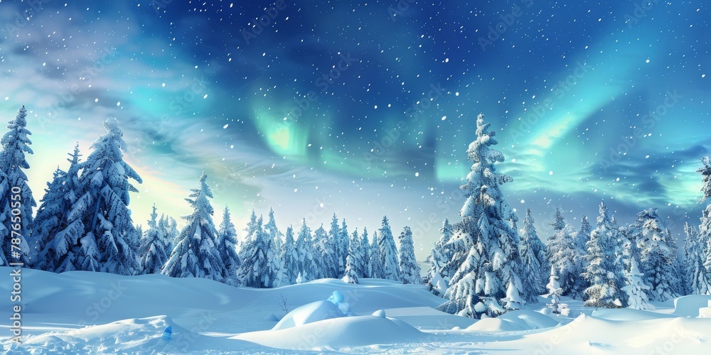 A snowy landscape with trees and a bright blue sky. The sky is filled with stars and the aurora borealis