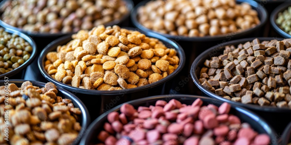 A variety of dog food in different colors and shapes. The bowls are arranged in a row, with some containing dry food and others containing wet food. Concept of abundance and variety