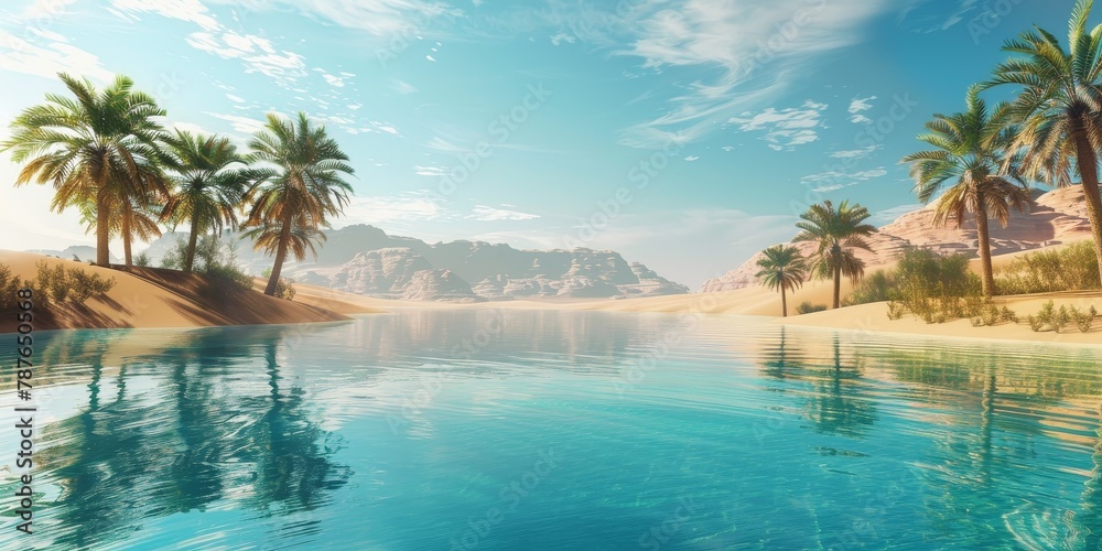 A beautiful blue ocean with palm trees in the background. The water is calm and peaceful, creating a serene atmosphere