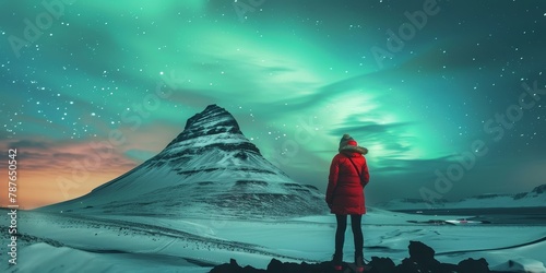 A person in a red jacket stands on a snowy mountain, looking up at the sky. The sky is filled with stars and the atmosphere is serene and peaceful