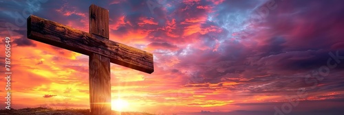 Crucifixion of Jesus Depicted on Wooden Cross at Sunset. Made with Generative AI Technology (ID: 787650549)