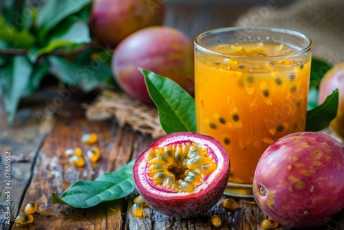 Passion fruit juice and fruit on wooden background Tropical