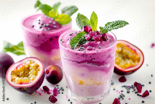 Passion fruit yogurt smoothies on white background