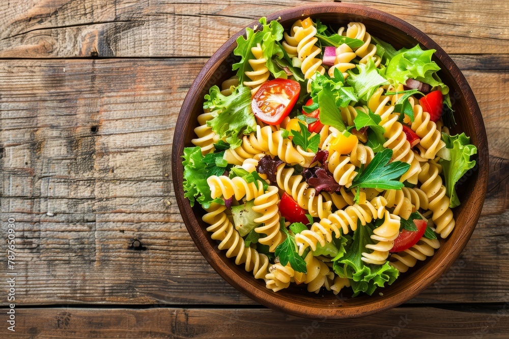 Pasta salad in a rustic bowl on wooden surface