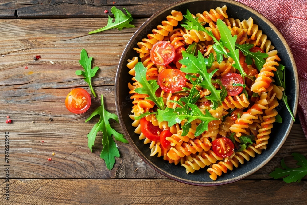 Pasta with tomato and arugula in a dish Pasta with tomato and arugula in a dish