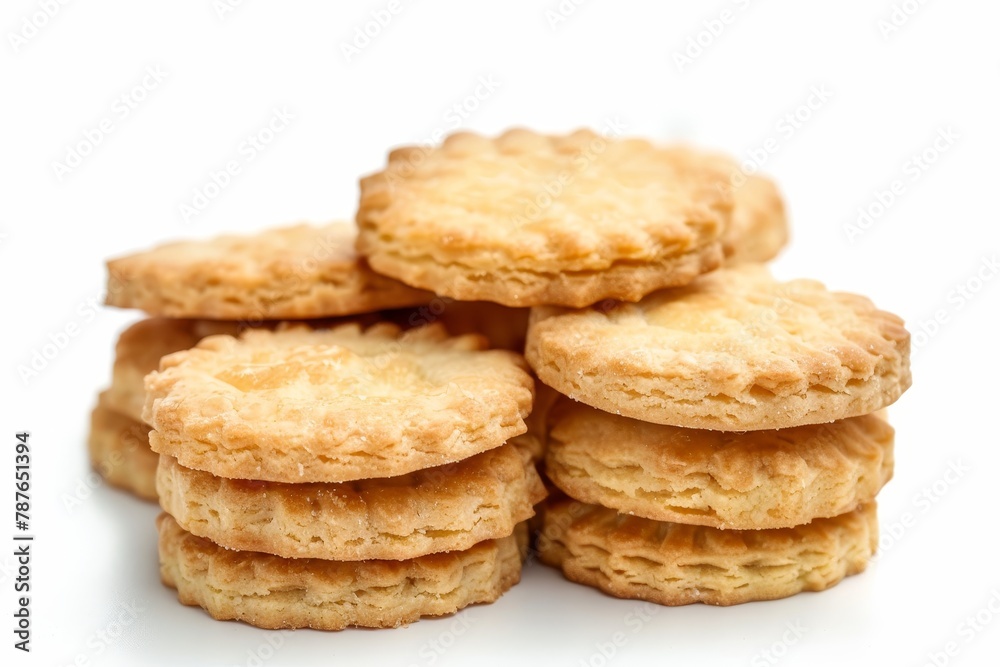 Pile of shortbread biscuits in Breton style close up with tea pastry and butter on white background