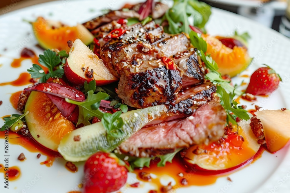 Plate with goat cheese salad strawberry melon salad chili apple orange sauce fig jam and meat closeup in modern gourmet restaurant Plate with goat cheese salad strawberry melon salad chili apple orange sauce fig jam and meat closeup in modern gourmet restaurant