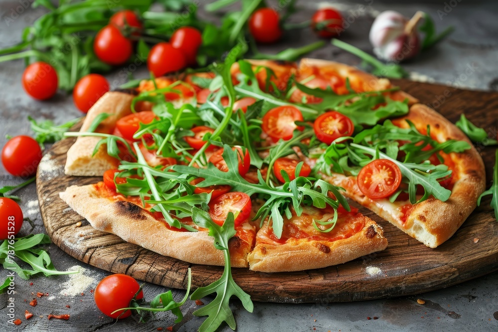Pizza slices with arugula and tomatoes on wooden platter